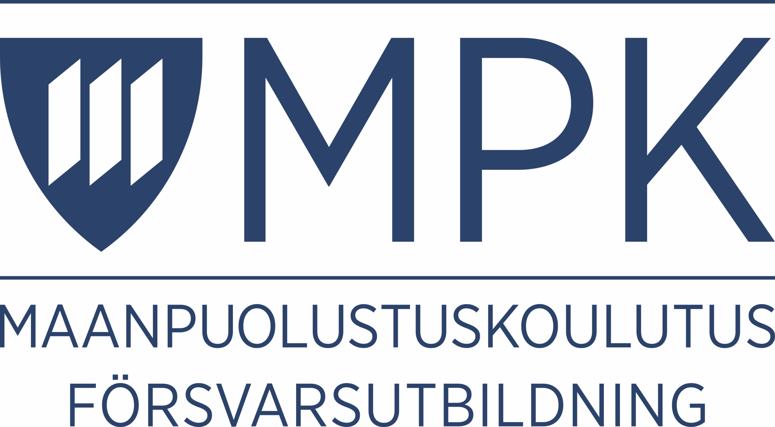 The logo features a blue shield with three vertical lines next to the letters "MPK." Below, the words "MAANPUOLUSTUSKOULUTUS" and "FÖRSVARSUTBILDNING" appear in uppercase blue text.