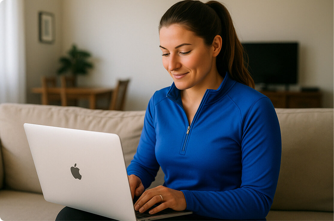 A woman in a blue zip-up top sits on a beige couch, smiling and typing on a silver MacBook laptop in a cozy living room with a TV and dining table in the background.
