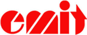 The word "emit" is written in bold, red stylized lowercase letters, with a diagonal white stripe cutting through each letter. The "t" has an arrow pointing upward, forming its top.