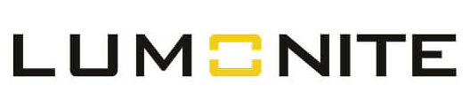 The word "LUMONITE" in black capital letters, with the "O" replaced by a yellow square outline. The font is modern and clean on a white background.