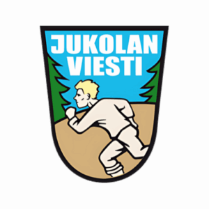 Logo, jossa teksti "Jukolan Viesti" ja kuvan yläpuolella valkopukuisesta juoksevasta henkilöstä. Kuvassa on sinistä taivasta ja vihreitä puita. Kaikki tämä on kilvenmuotoisessa kehyksessä.