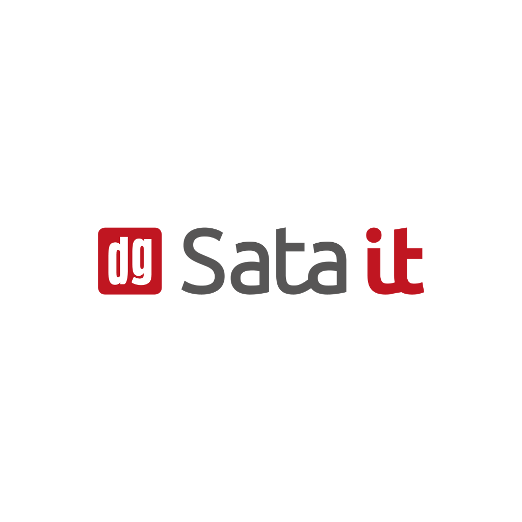 Logo ja teksti: punainen neliö, jossa on valkoisia pieniä kirjaimia "dg" ja sen perässä sanat "Sata it". "Sata" on tummanharmaa ja "it" punainen. Tausta on valkoinen.