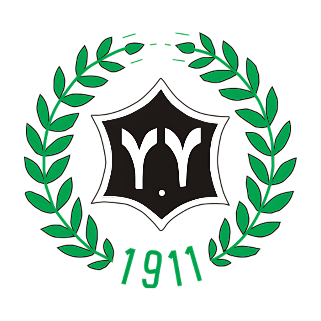 Musta kilpi, jonka sisällä on kaksi tyyliteltyä valkoista "Y"-kirjainta, jota ympäröi vihreä laakeriseppele ja jonka alareunassa on vihreä numero "1911".