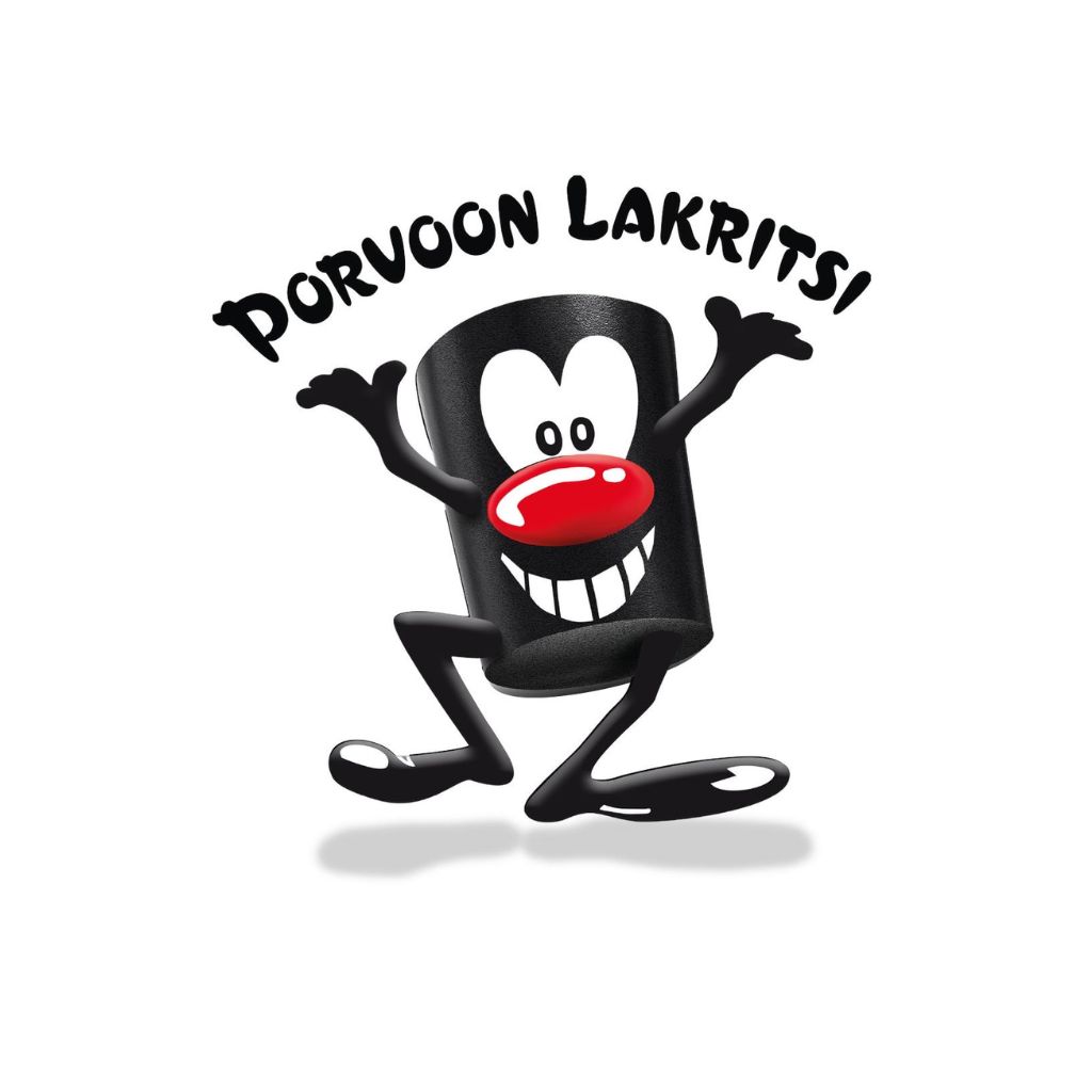 Leikkisästi ja rohkeasti kirjoitetun "Porvoon Lakritsi" -tekstin alla tanssii sarjakuvamainen lakritsipala, jossa on kädet, jalat, iso punainen nenä ja leveä hymy.