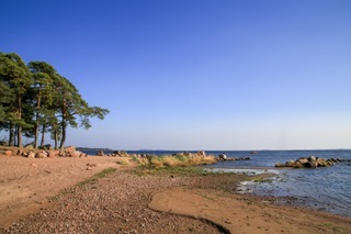 On the left side, a sandy and rocky beach lined with trees, with scattered grass, meets calm blue water under a bright, clear sky.