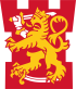 A stylized yellow lion holding a white sword, wearing a crown, and standing on its hind legs, depicted on a red background. The lion has a curled tail and armored forelegs.