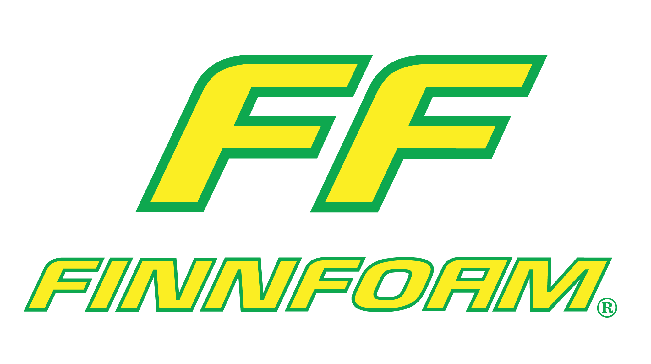 Logossa on suuret, rohkeat keltaiset kirjaimet "FF", jotka on ääriviivoitettu vihreällä, sanan "FINNFOAM" yläpuolella keltaisella ja vihreällä ääriviivalla, kaikki valkoisella pohjalla.