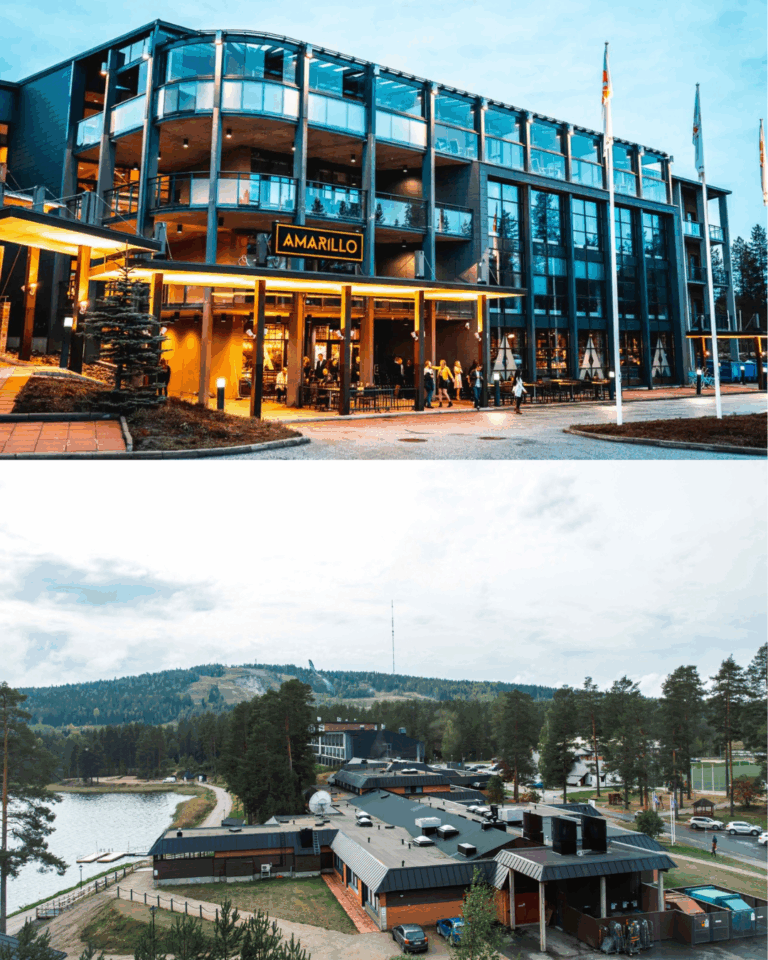 Kahden kuvan kollaasi, jossa ylemmässä kuvassa Break Sokos Hotel Vuokatin julkisivu ja alemmassa ilmakuva Vuokatti Sport Resortista.